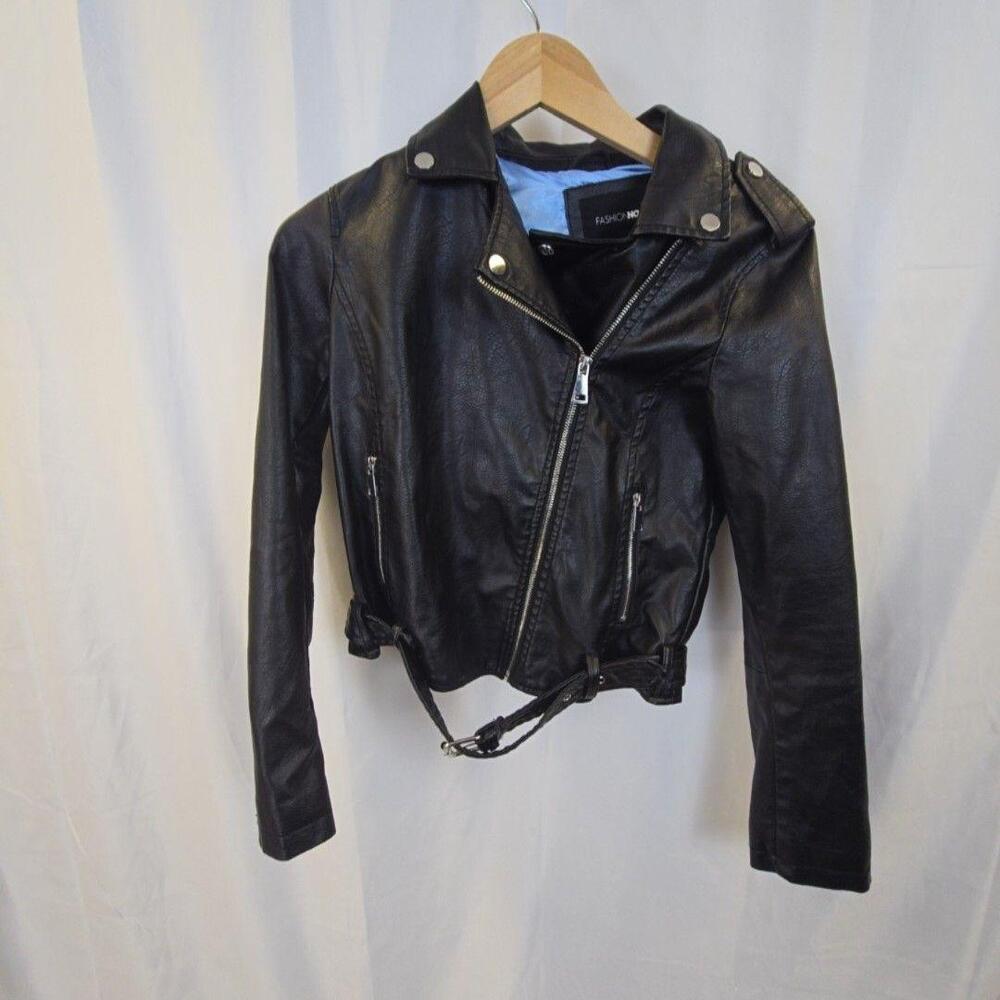 Fashion Nova Jacket Womens Small Black Faux Leather Biker Moto Belted Zip